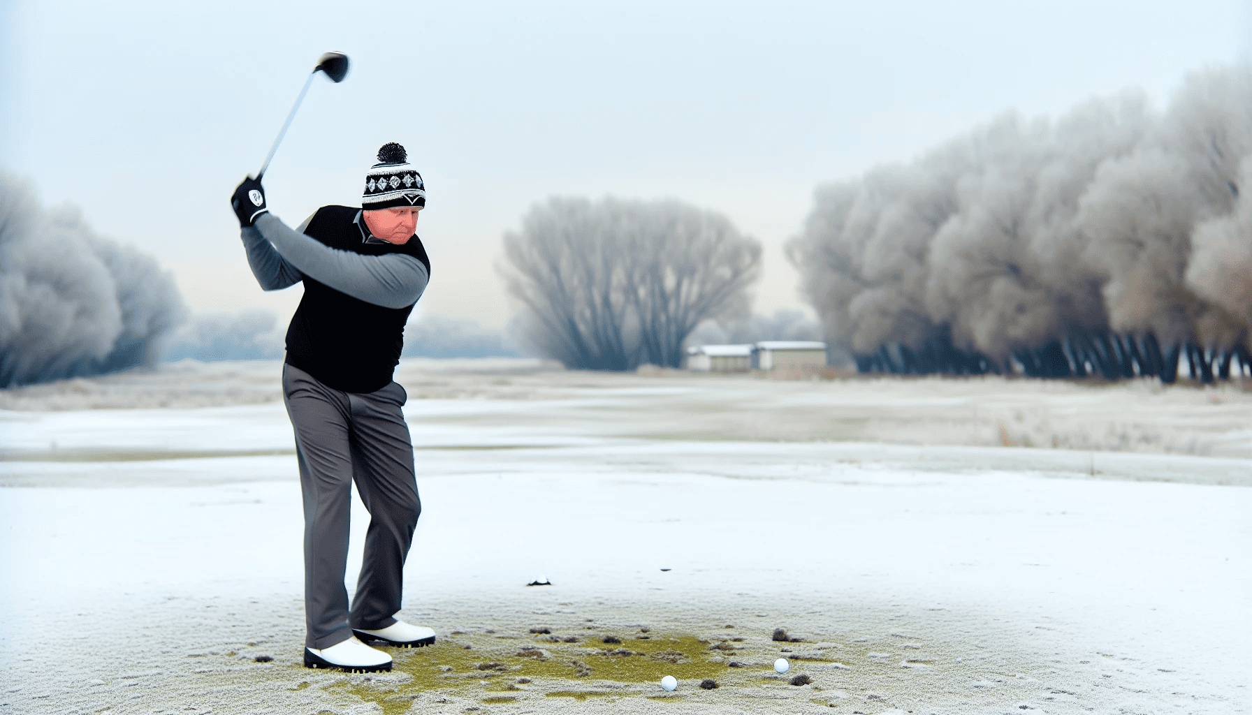 Golfer teeing off in winter